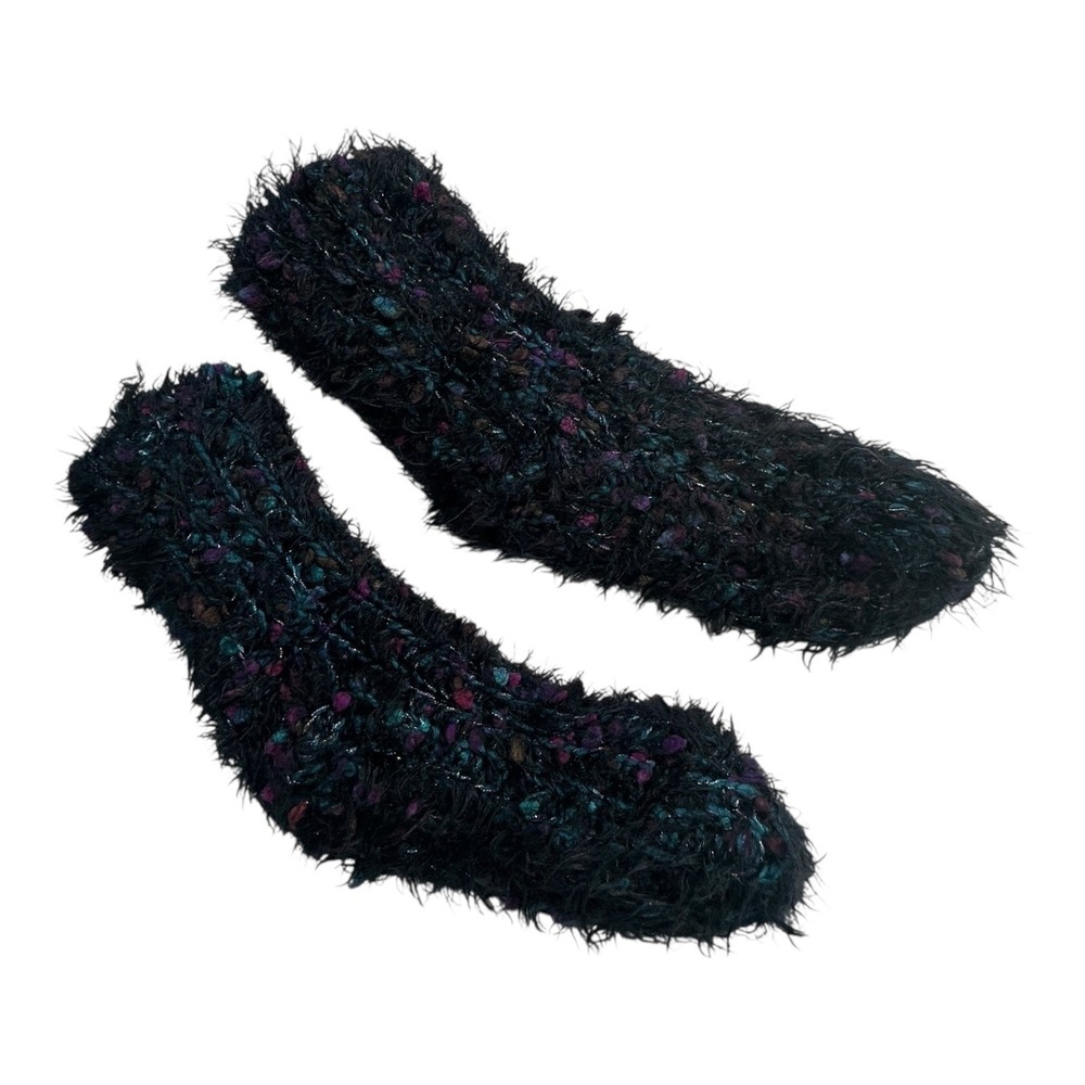Cozy Fuzzy Slippers Socks Women's‎ Black Multi Color Speckled Warm Indoor Lounge